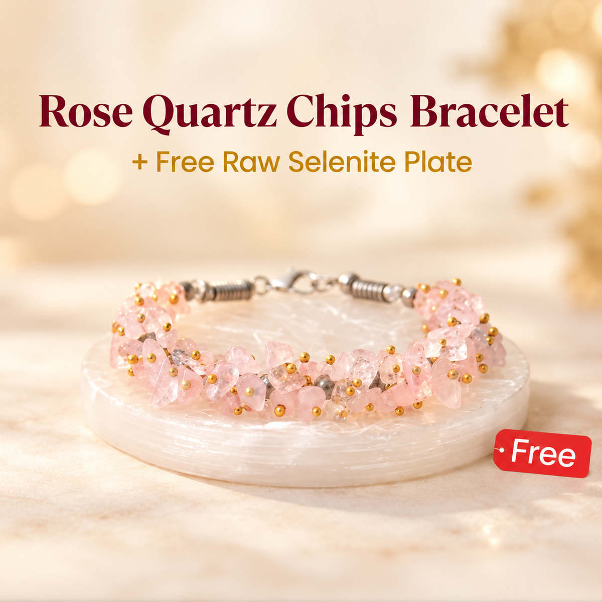 Rose Quartz Chips Bracelet with FREE Raw Selenite Plate
