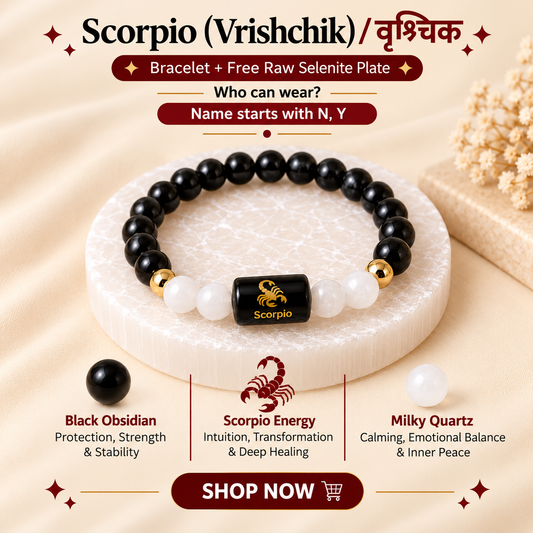 Scorpio (वृश्चिक राशि) Zodiac Black Obsidian & Milky Quartz Bracelet