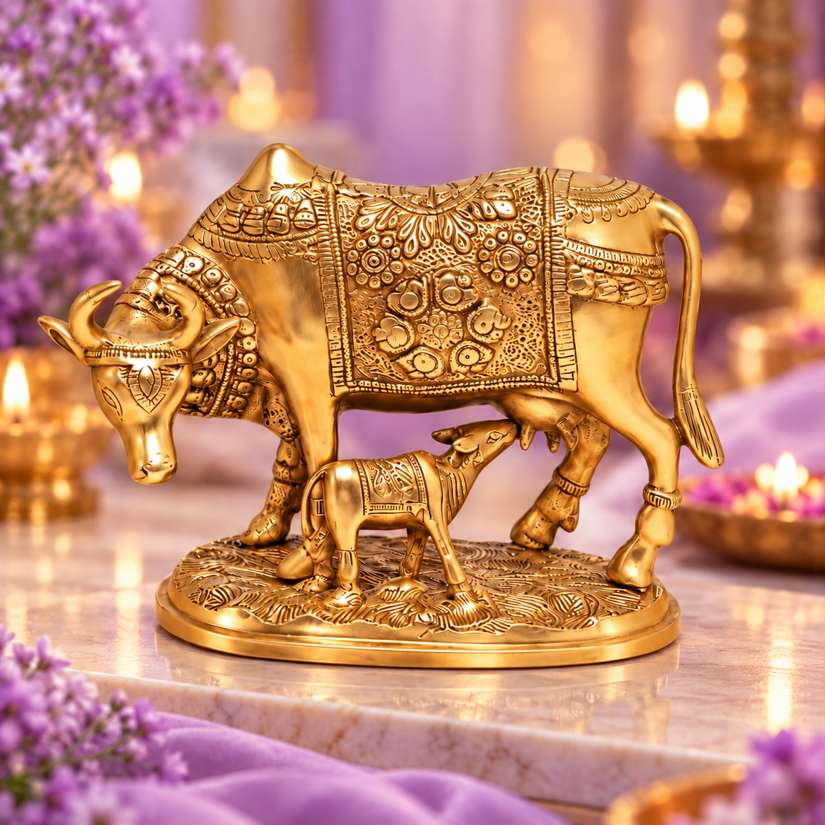 Brass Kamdhenu Cow with Calf Idol – Traditional Vastu & Prosperity Décor for Home & Pooja