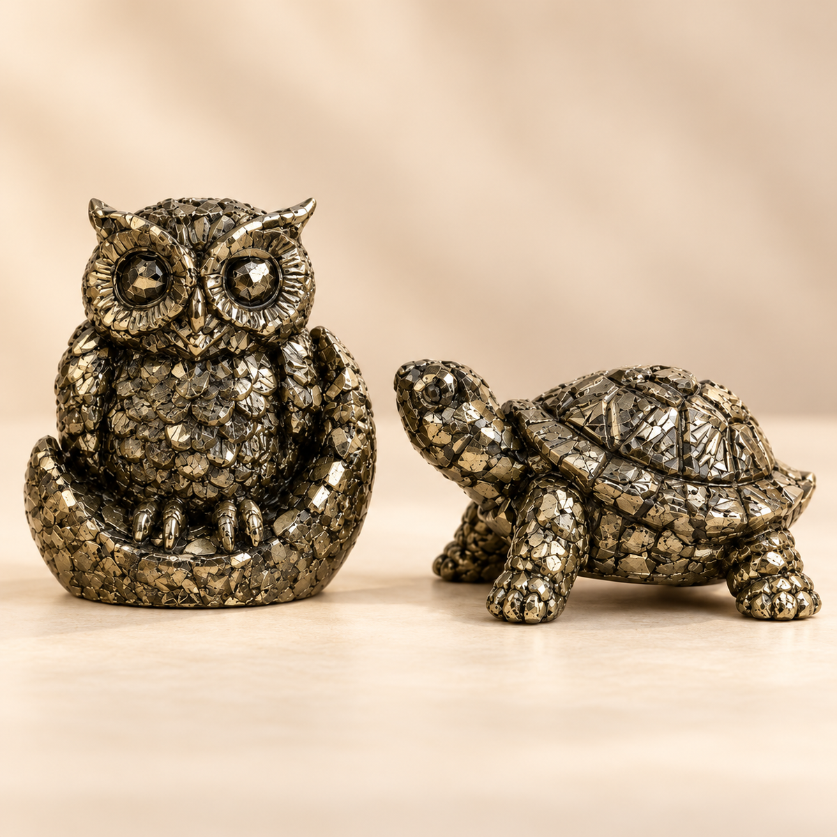 Pyrite Owl & Vastu Kachhua Combo – Wealth, Wisdom & Positive Energy