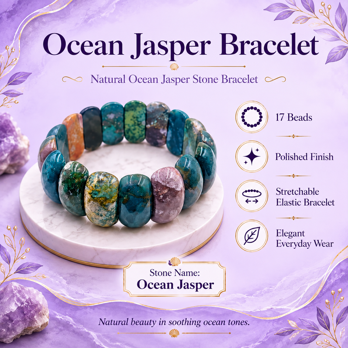 Natural Ocean Jasper Stretchable Bracelet – 17 Polished Beads | Elegant Crystal Jewellery