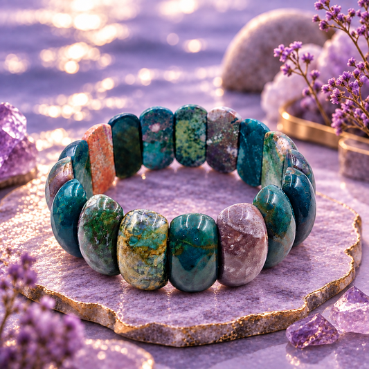 Natural Ocean Jasper Stretchable Bracelet – 17 Polished Beads | Elegant Crystal Jewellery