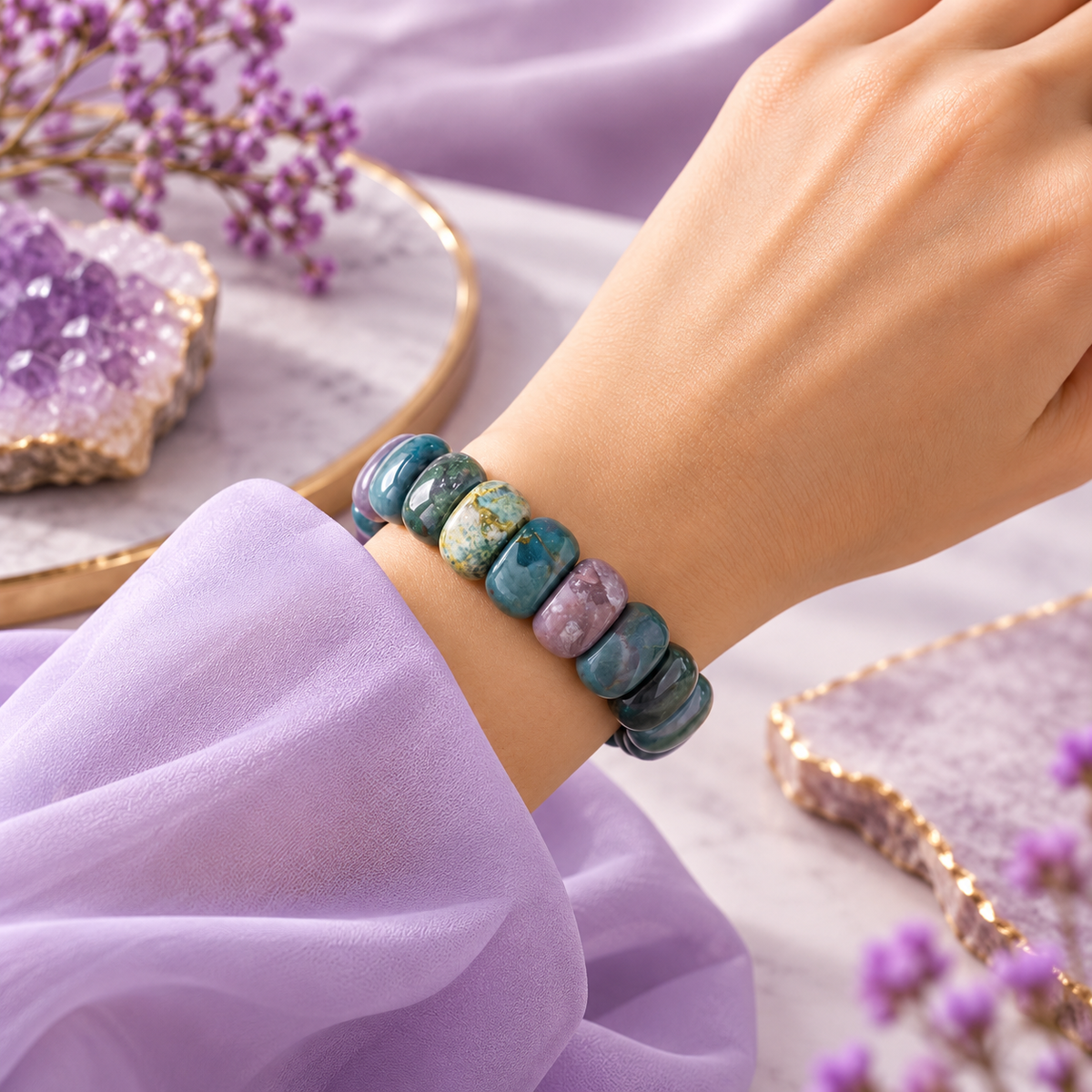 Natural Ocean Jasper Stretchable Bracelet – 17 Polished Beads | Elegant Crystal Jewellery