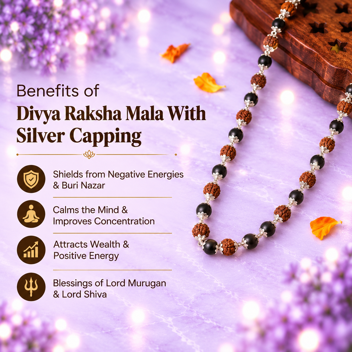 Divya Raksha Rudraksha & Karungali Mala with Silver Capping