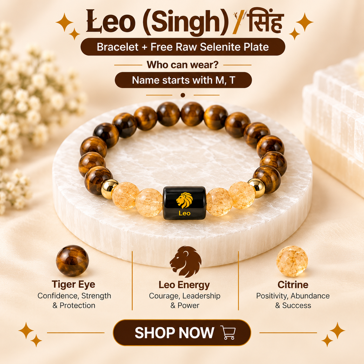 Leo (सिंह राशि) Zodiac Tiger Eye & Citrine Bracelet