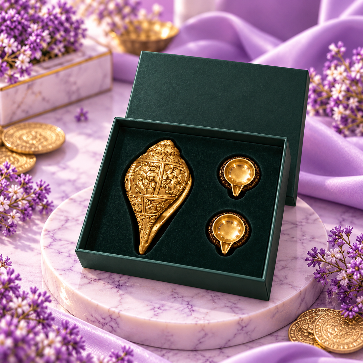 Pure Brass Shankh with 2 Diyas & Premium Gift Box | Traditional Pooja & Vastu Décor Set
