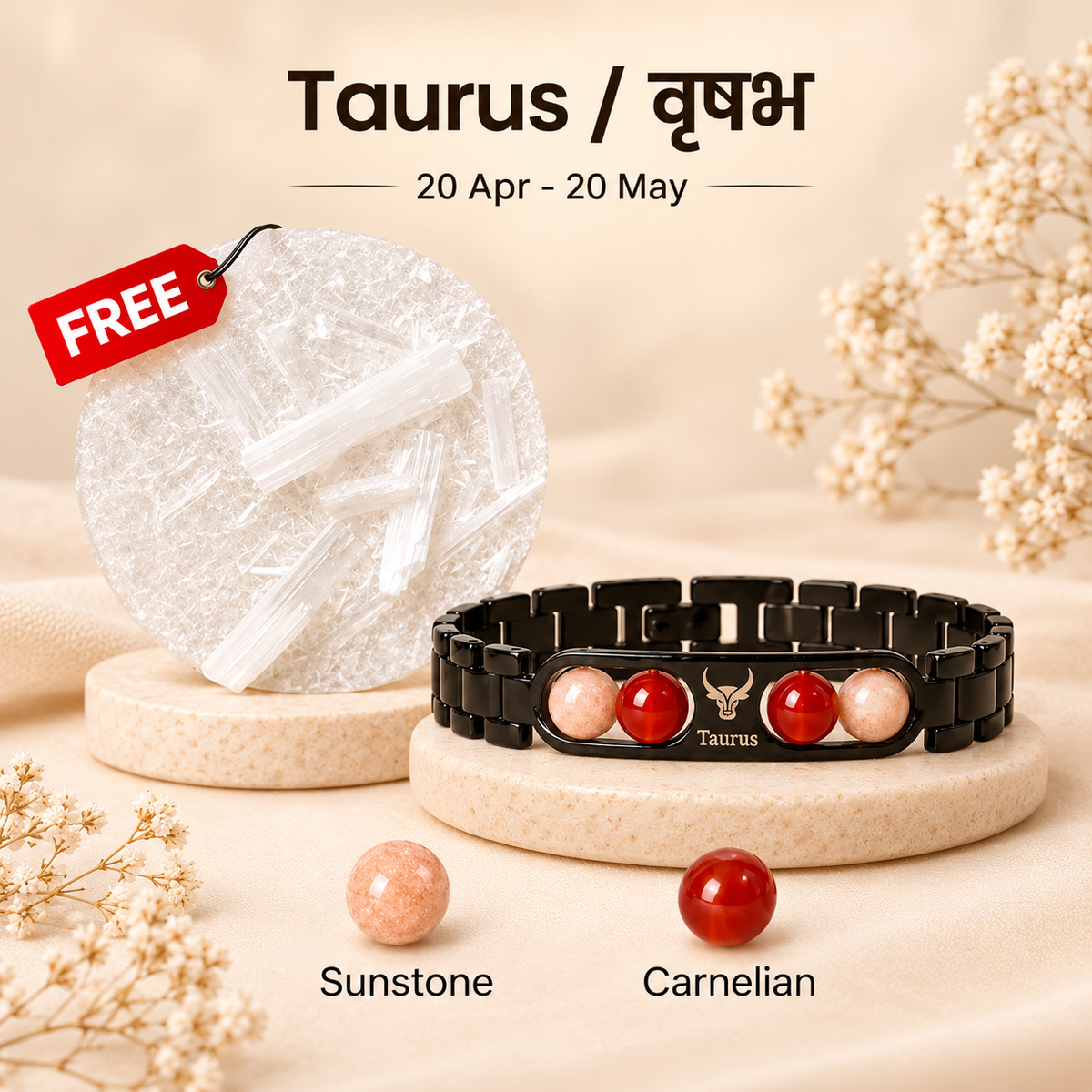Taurus Zodiac Metal Bracelet with Free Raw Selenite Plate