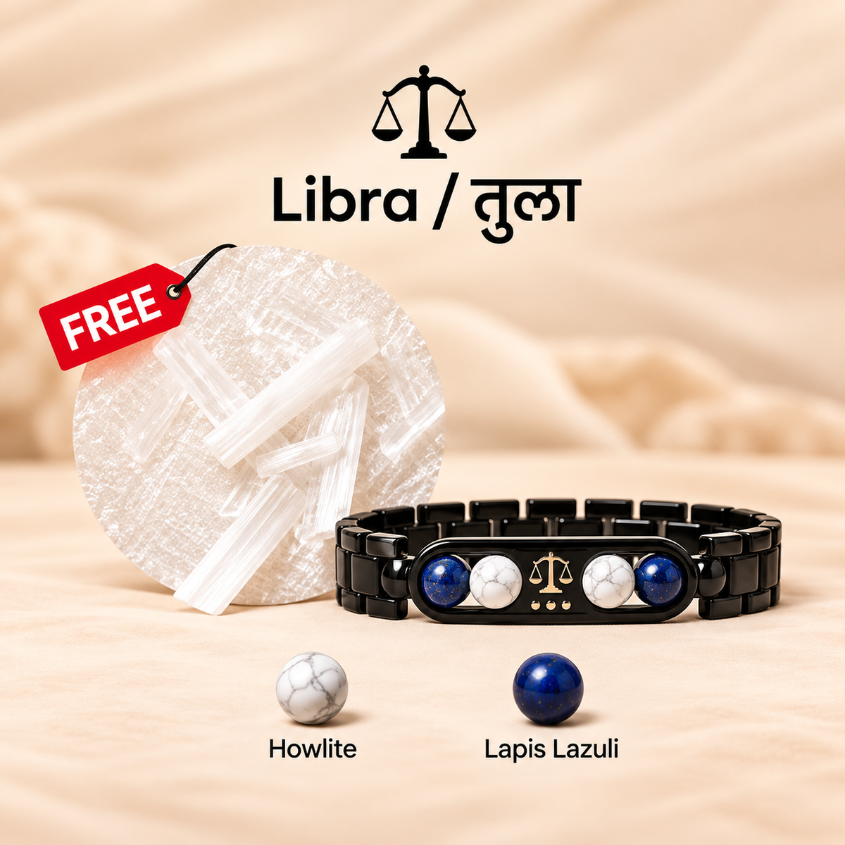 Libra Zodiac Metal Bracelet with Free Raw Selenite Plate