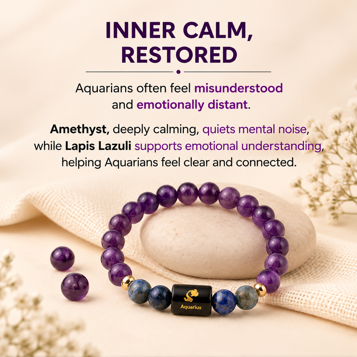 Aquarius (कुंभ राशि) Zodiac Amethyst & Lapis Lazuli Bracelet