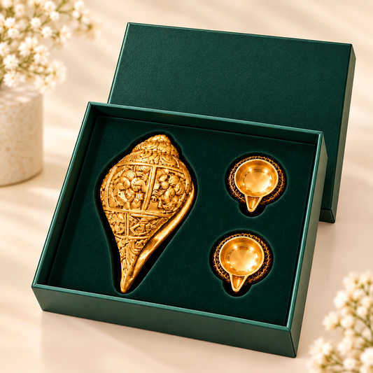Pure Brass Shankh with 2 Diyas & Premium Gift Box | Traditional Pooja & Vastu Décor Set