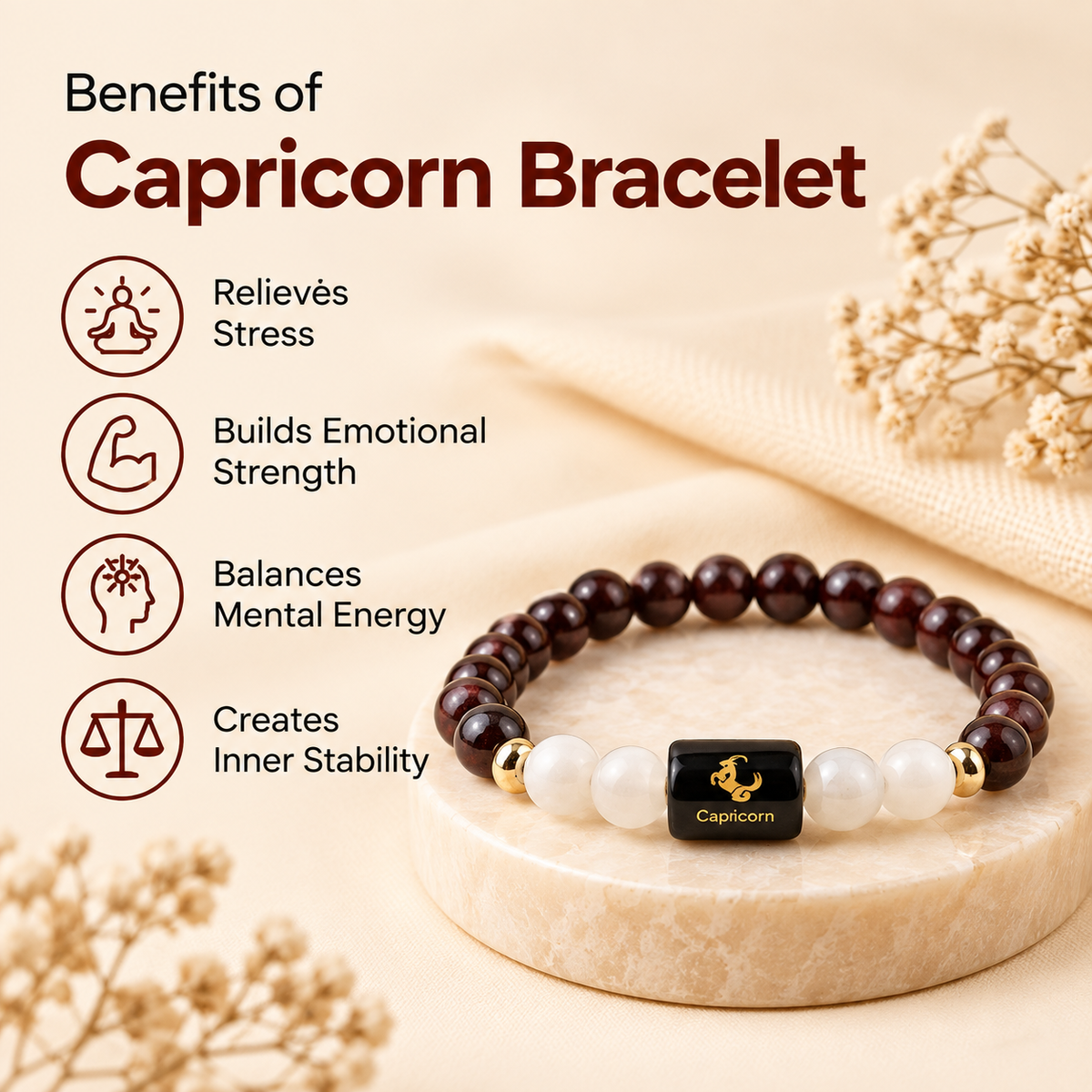 Capricorn (मकर राशि) Zodiac Garnet & Milky Quartz Bracelet