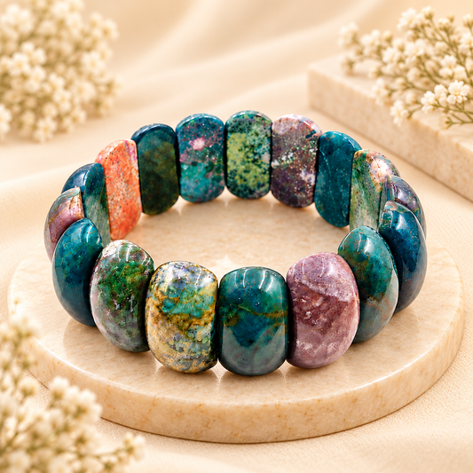Natural Ocean Jasper Stretchable Bracelet – 17 Polished Beads | Elegant Crystal Jewellery