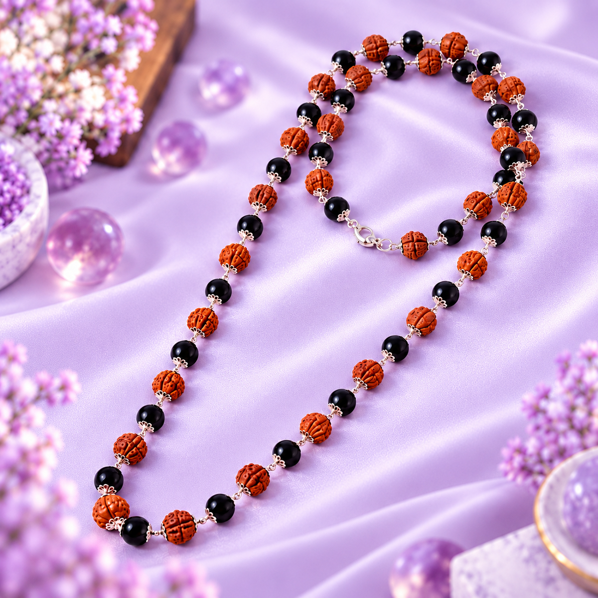 Divya Raksha Rudraksha & Karungali Mala with Silver Capping
