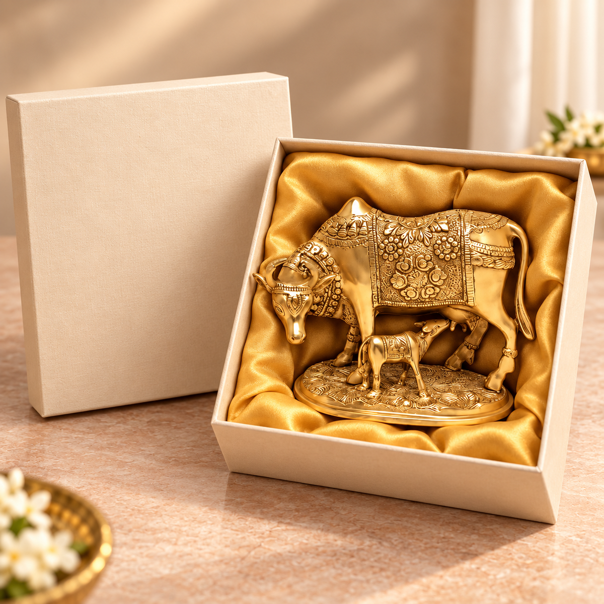 Brass Kamdhenu Cow with Calf Idol – Traditional Vastu & Prosperity Décor for Home & Pooja