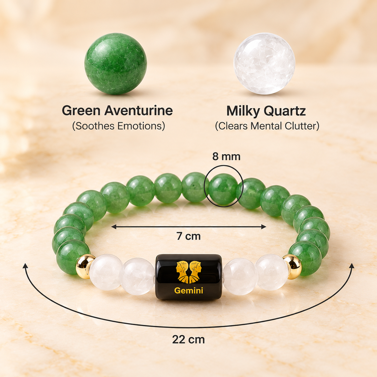 Gemini (मिथुन राशि) Zodiac Green Aventurine & Milky Quartz Bracelet