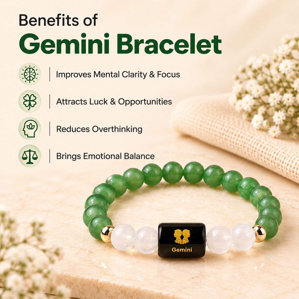 Gemini (मिथुन राशि) Zodiac Green Aventurine & Milky Quartz Bracelet