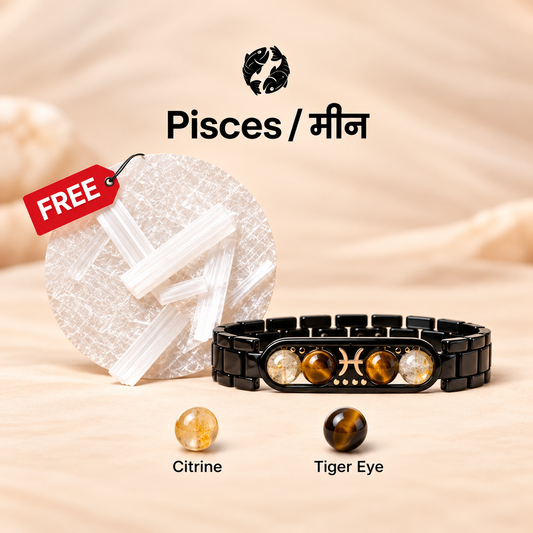 Pisces Zodiac Metal Bracelet with Free Raw Selenite Plate
