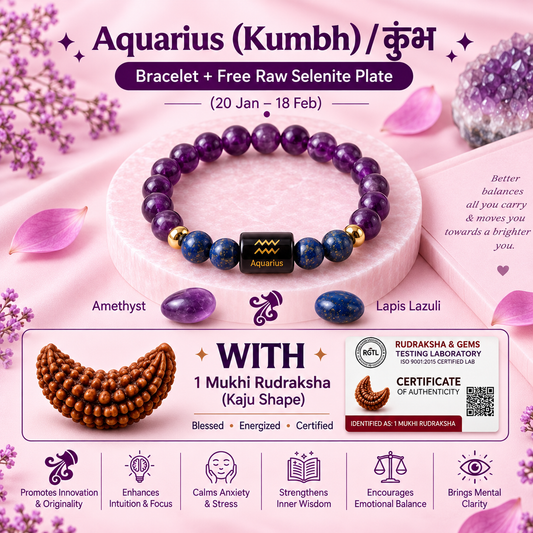 Aquarius (Kumbh Rashi) Zodiac Amethyst & Lapis Lazuli Bracelet with 1 Mukhi Rudraksha