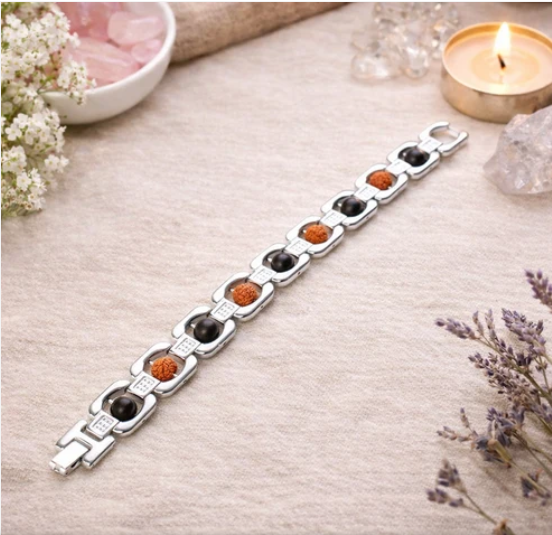 Metal Ruduraksha And Karungali Bracelet - silver