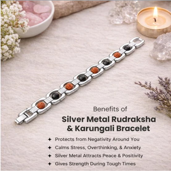 Metal Ruduraksha And Karungali Bracelet - silver