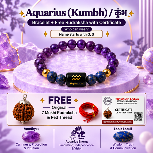 Aquarius (कुंभ राशि) Zodiac Amethyst & Lapis Lazuli Bracelet with Free 7 Mukhi Rudraksha