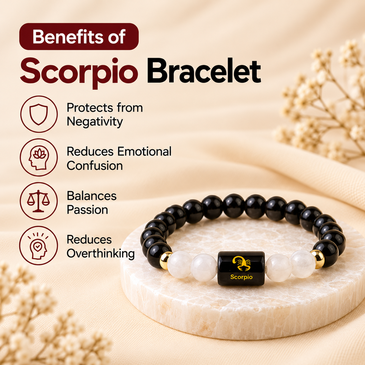 Scorpio (वृश्चिक राशि) Zodiac Black Obsidian & Milky Quartz Bracelet