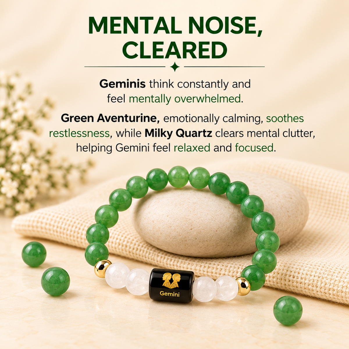 Gemini (मिथुन राशि) Zodiac Green Aventurine & Milky Quartz Bracelet