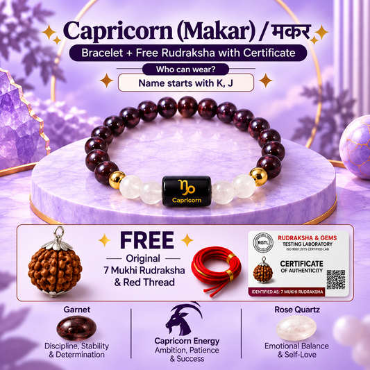 Capricorn (मकर राशि) Zodiac Garnet & Milky Quartz Bracelet with Free 7 Mukhi Rudraksha