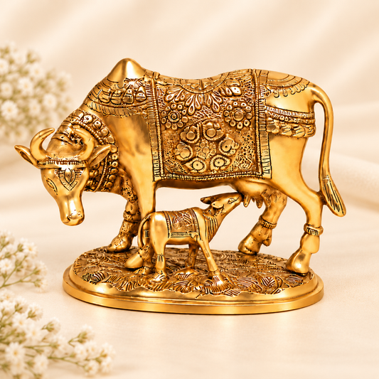 Brass Kamdhenu Cow with Calf Idol – Traditional Vastu & Prosperity Décor for Home & Pooja
