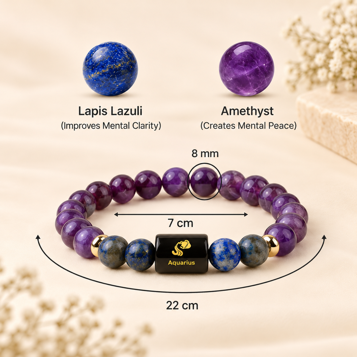 Aquarius (कुंभ राशि) Zodiac Amethyst & Lapis Lazuli Bracelet