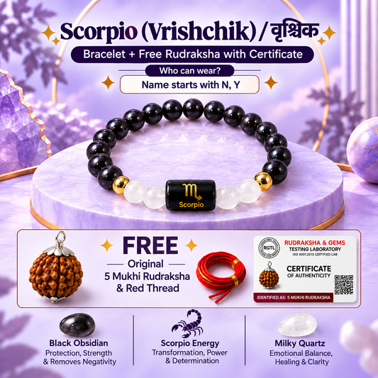 Scorpio (वृश्चिक राशि) Zodiac Black Obsidian & Milky Quartz Bracelet with Free 5 Mukhi Rudraksha No reviews
