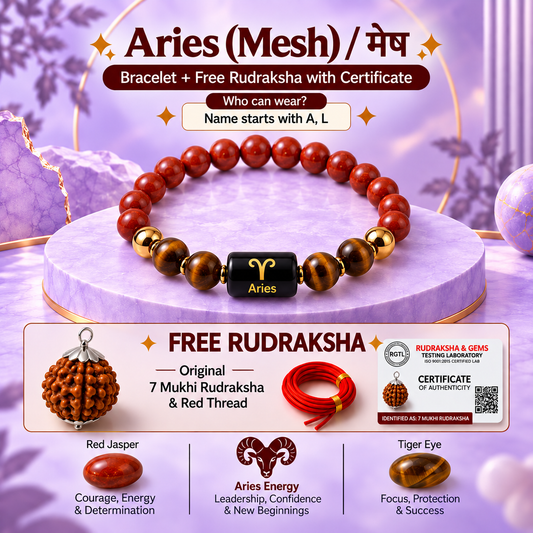 Aries (मेष राशि) Zodiac Red Jasper & Tiger Eye Bracelet with Free 5 Mukhi Rudraksha