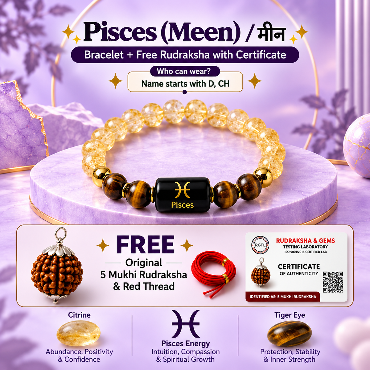 Pisces (मीन राशि) Zodiac Citrine & Tiger Eye Bracelet with Free Rudraksha