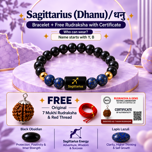 Sagittarius (धनु राशि) Zodiac Black Obsidian & Lapis Lazuli Bracelet with Free 7 Mukhi Rudraksha